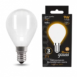 Лампа Gauss Filament Шар 9W 590lm 3000К Е14 milky LED 1/10/50