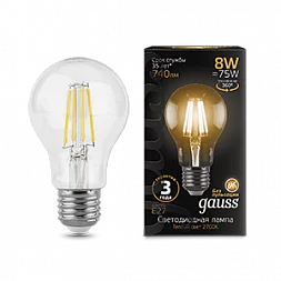 Лампа Gauss Filament А60 8W 740lm 2700К Е27 LED 1/10/40