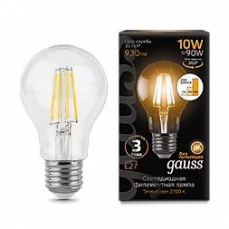 Лампа Gauss Filament А60 10W 930lm 2700К Е27 шаг. диммирование LED 1/10/40