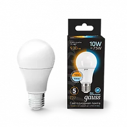 Лампа Gauss A60 10W 930lm 2700K/4100K E27 изм.цвет.темп. LED 1/10/50