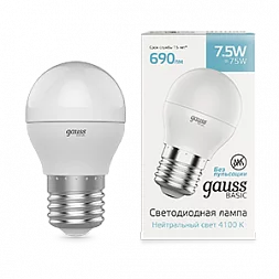 Лампа Gauss Basic Шар 7,5W 690lm 4100K E27 LED 1/10/100