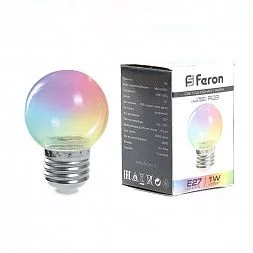 Лампа светодиодная Feron LB-37 Шарик прозрачный E27 1W 230V RGB плавная смена цвета